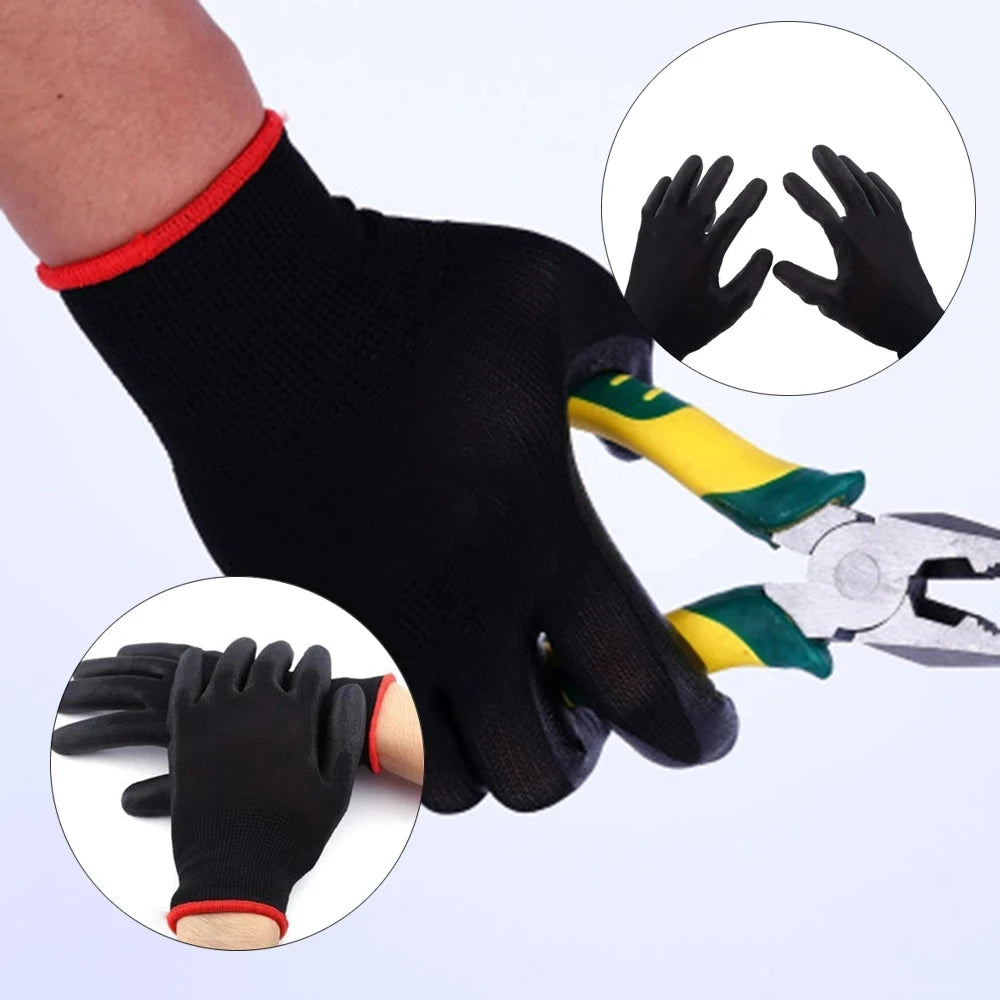 Black gardening gloves with red trim worn by a person, with a close-up inset and shears in the background.