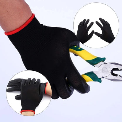 Black gardening gloves with red trim worn by a person, with a close-up inset and shears in the background.