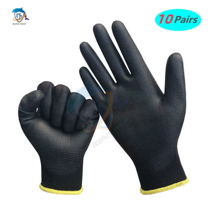Pair of black gloves with yellow cuffs on a white background, labeled '10 Pairs'.