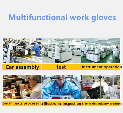 Multifunctional work gloves advertisement with images of car assembly, test, instrument operation, and electronic inspection.