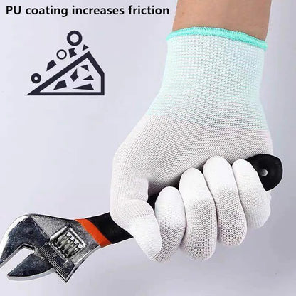 White glove holding a wrench with text about PU coating increasing friction on a light gray background