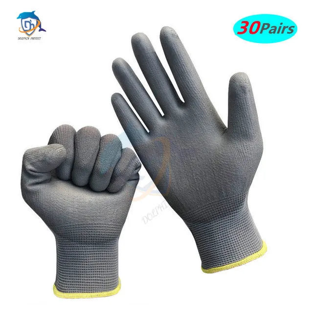 Pair of gray gloves with yellow cuffs on a white background, labeled '30 Pairs'.