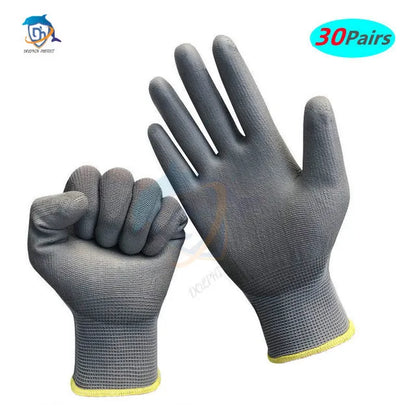 Pair of gray gloves with yellow cuffs on a white background, labeled '30 Pairs'.