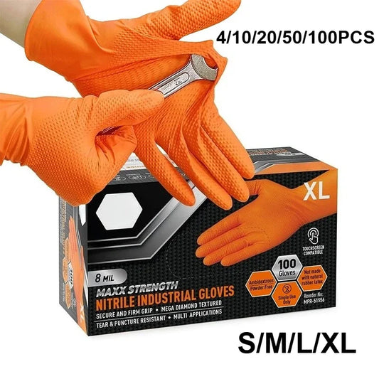 Orange nitrile industrial gloves with a box and a wrench, showing size options.