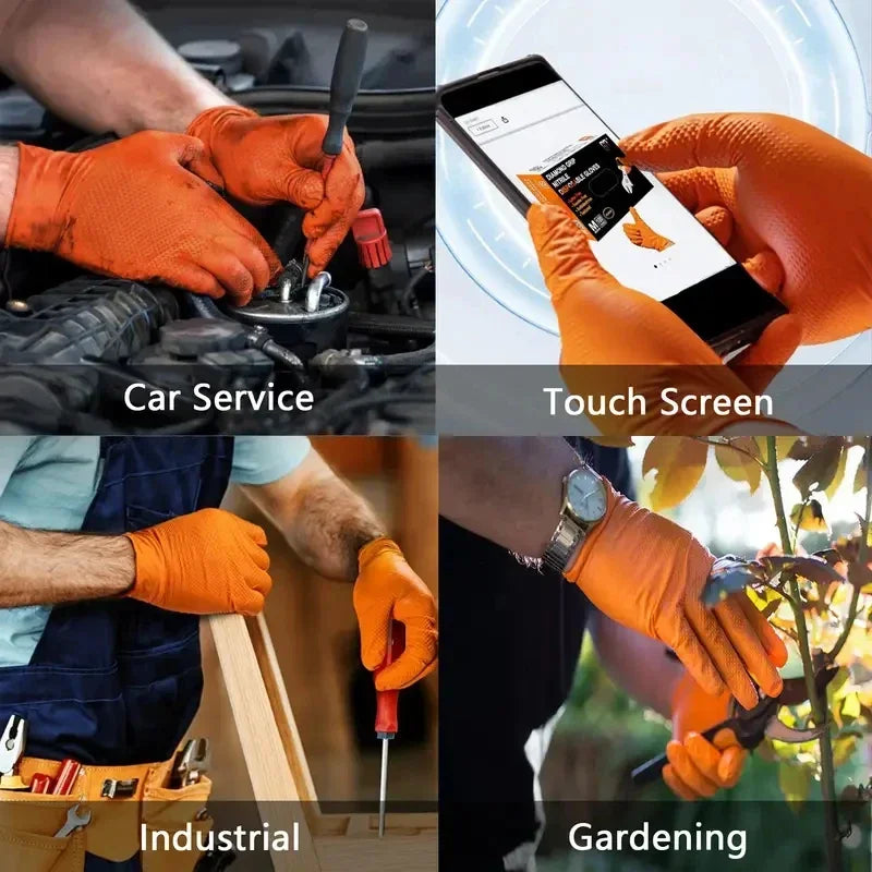 Four scenarios showing hands in orange gloves performing different tasks with text labels below each.