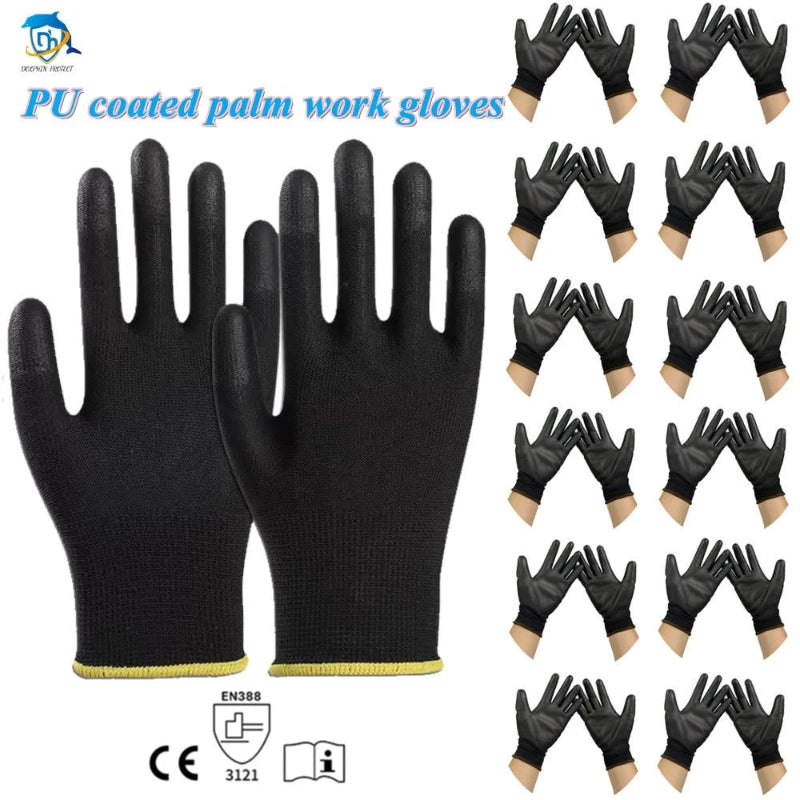 Black work gloves with PU coating on palm, shown in multiple angles on a white background.