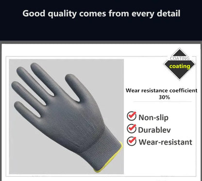 Gray glove with yellow accent on a gray background, featuring text about glove properties.