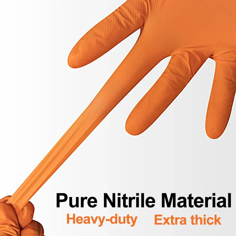 Orange nitrile glove held by another glove on a white background with text 'Pure Nitrile Material, Heavy-duty, Extra thick'.
