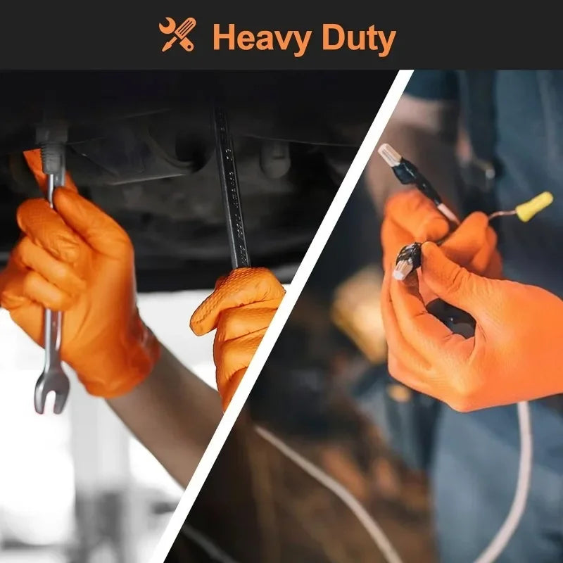 Two hands in orange gloves working on a car with tools, labeled 'Heavy Duty'.