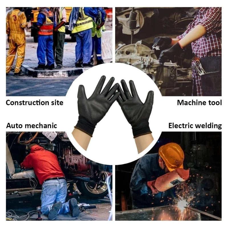 Black gloves shown with various work environments like construction, auto mechanics, machine tools, and electric welding.