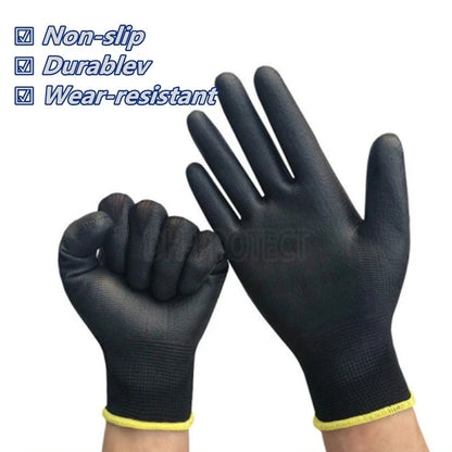 Black gloves with yellow cuffs on a white background, featuring text 'Non-slip', 'Durable', and 'Wear-resistant'.