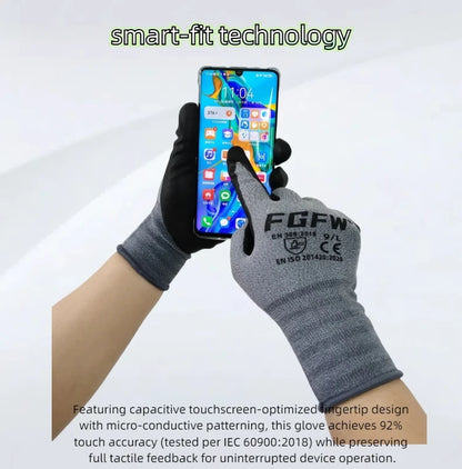 Person wearing a gray glove with 'FGFW' branding, using a smartphone on a white background.