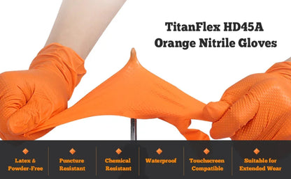 Orange nitrile gloves being stretched with product name and features displayed.