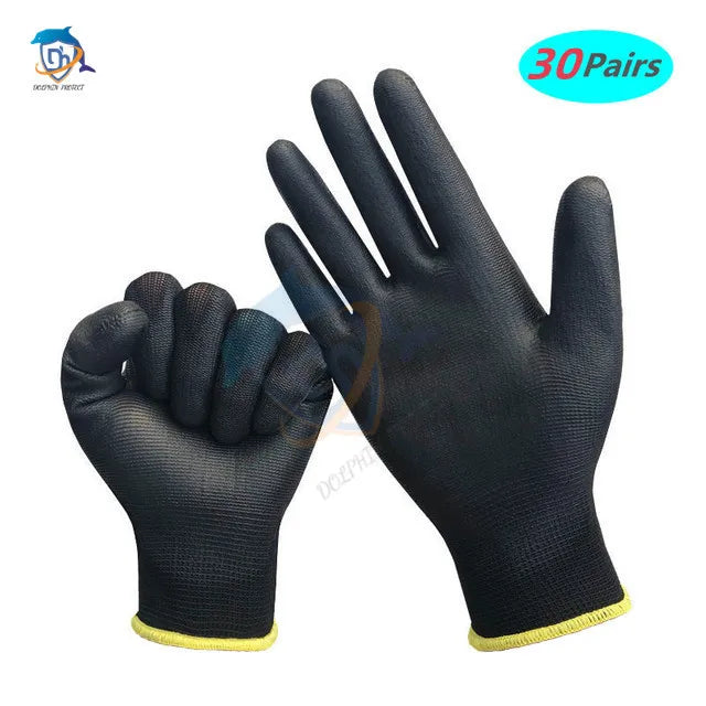 Pair of black gloves with yellow cuffs on a white background, labeled '30 Pairs'.