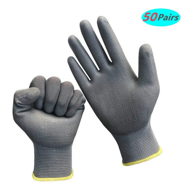 Pair of gray gloves with yellow cuffs on a white background, labeled '50 Pairs'.