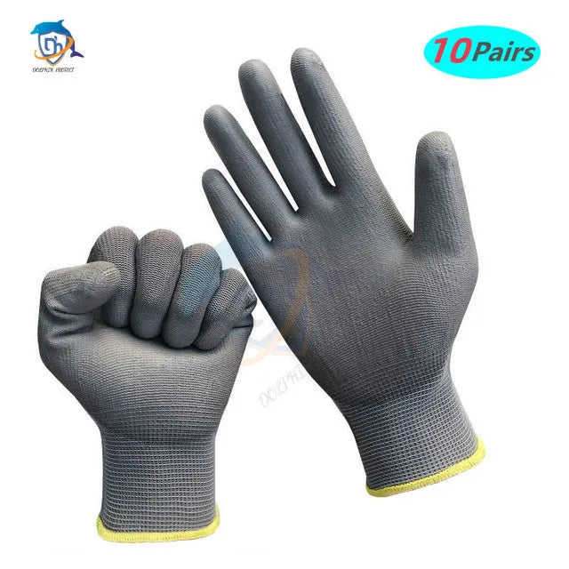 Pair of gray gloves with yellow cuffs on a white background, labeled '10 Pairs'.
