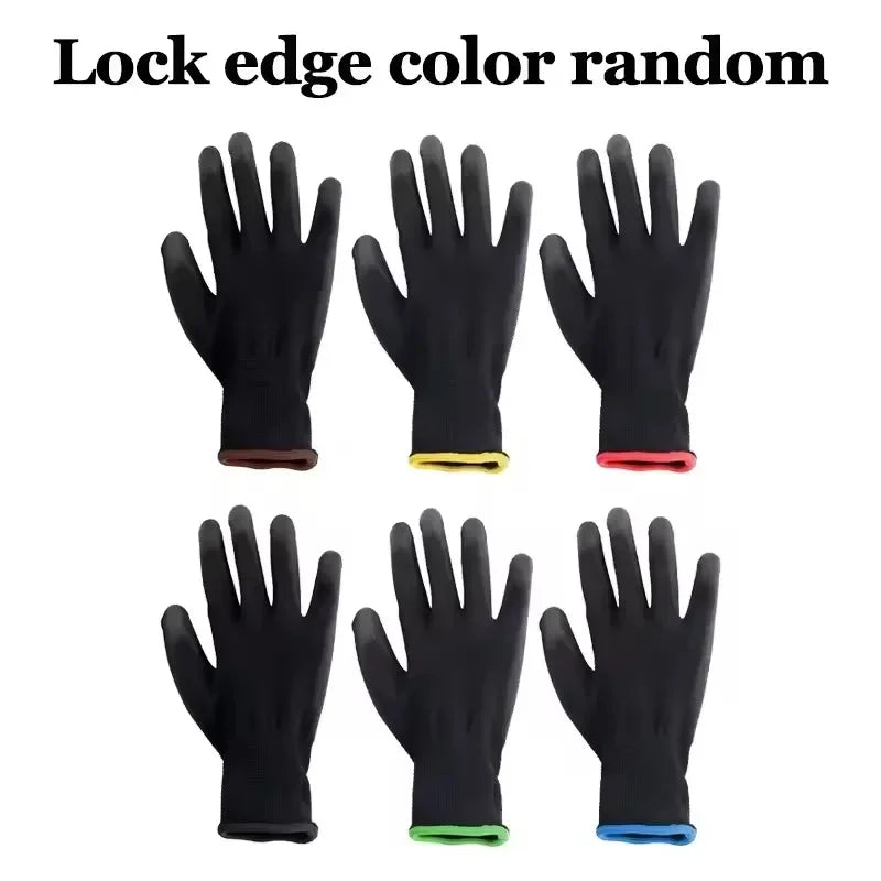 Six black gloves with color-matched cuffs on a white background