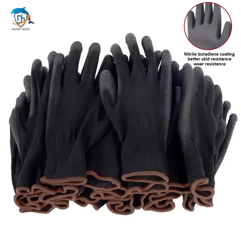 Stack of black gloves with a close-up inset showing nitrile butadiene coating.